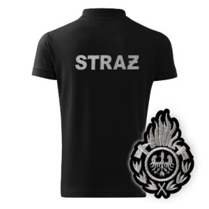 Czarna koszulka strażacka polo HAFT-DRUK WZ01 Ognik OSP szary napis